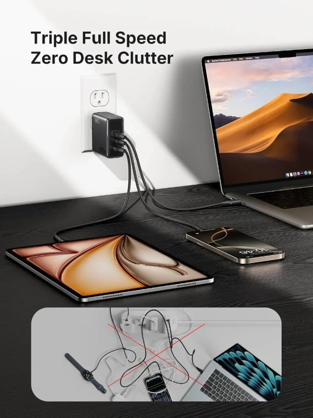 100W GaN Fast Charging Block, 3-Port USB-C Charger & 5ft Cable, Travel Ready!